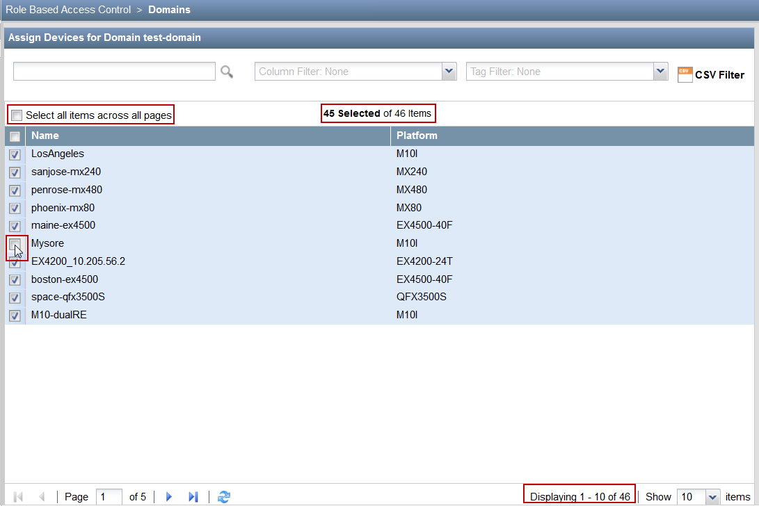 Role Based Access Control interface showing 45 devices selected out of 46, with a table listing device names and platforms, and the Mysore device being selected. Pagination displays 1 to 10 of 46 devices. Filters and export options available.