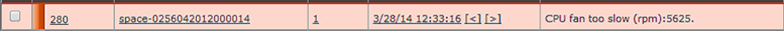 Row 280: Entry ID space-0256042012000014. Count 1. Timestamp 3/28/14 12:33:16. Alert: CPU fan too slow, speed 5625 RPM.