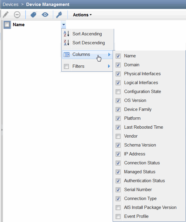 Device Management interface with dropdown menu in Actions section showing Columns submenu. Attributes like Name, Domain, and OS Version have checkboxes for column visibility.