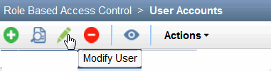 User interface for managing accounts in Role Based Access Control system with icons: add user, modify user, delete user, view details, and actions menu.