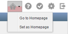 Dropdown menu options for homepage navigation and settings with icons for help, settings, and refresh.