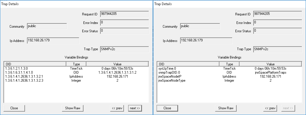 Software interface displaying SNMP trap details with request ID 987944205, community public, and IP 192.168.26.179 using SNMPv2c.