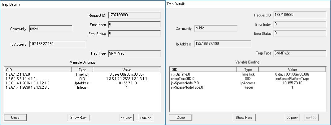 Two panels showing SNMP trap details with Request ID, Community, IP Address, Trap Type, and Variable Bindings including OID, Type, and Value. Left panel lists OIDs like 1.3.6.1.2.1.1.3.0, while the right panel shows OIDs like sysUpTime.0.