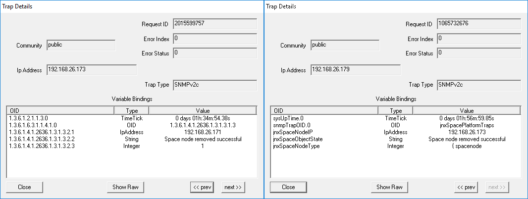 Two panels showing SNMP trap details with request IDs 201599757 and 1065732676. Both indicate space node removal success.