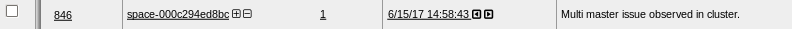 Checkbox with ID 846, identifier space-000c294ed8bc, number 1, timestamp 6/15/17 14:58:43, note Multi master issue observed in cluster.