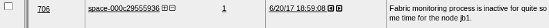 Log entry with ID 706 for node jb1: Fabric monitoring process inactive. Timestamp: 6/20/17 18:59:08.