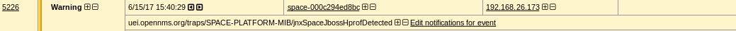 Event ID 5226 Warning on 6/15/17 at 15:40:29 from space-000c294ed8bc, IP 192.168.26.173. JBoss Hprof detected on Juniper Space platform.