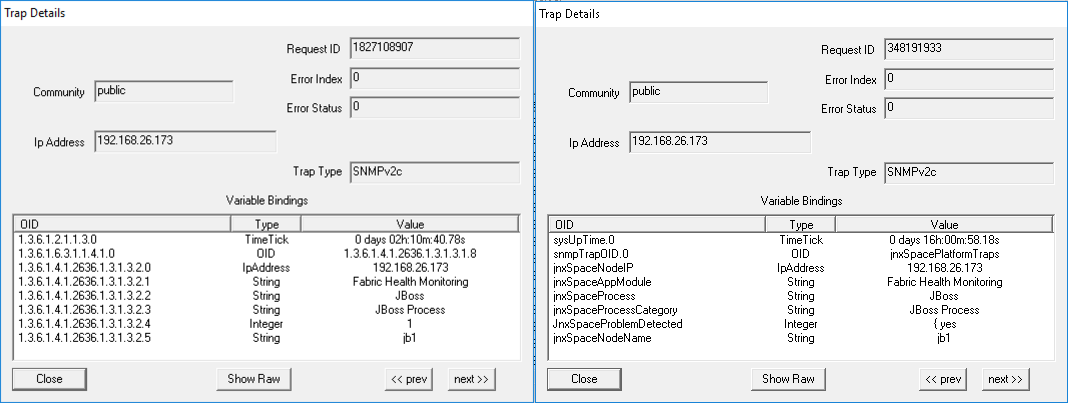 SNMP trap details with IP 192.168.26.173 using SNMPv2c. Left panel: Request ID 1827108907, OIDs show TimeTick and IpAddress. Right panel: Request ID 348191933, OIDs show sysUpTime and snmpTrapOID.