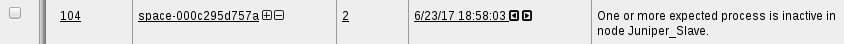 Log entry with ID 104 for process space-000c295d757a. Status 2. Timestamp 6/23/17 18:58:03. Issue: Inactive processes in node Juniper_Slave.