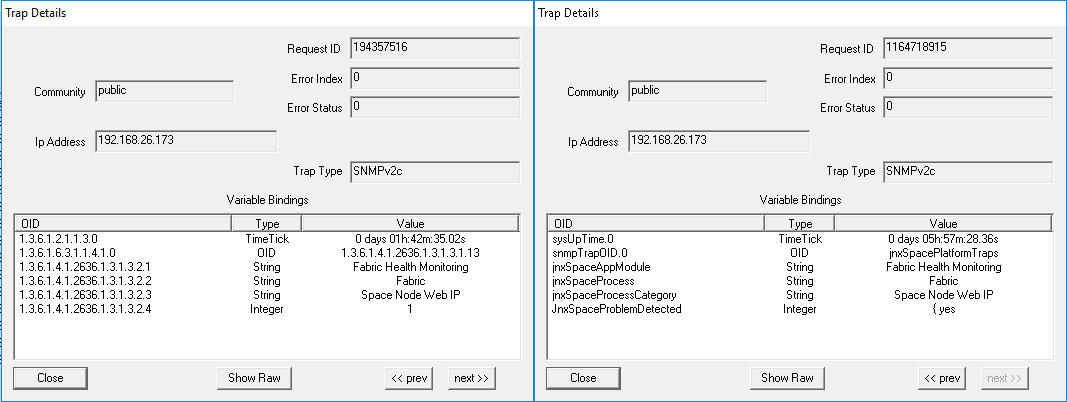 SNMP trap details showing Request ID, Error Index 0, Error Status 0, Community public, IP 192.168.26.173, SNMPv2c, and Variable Bindings like sysUpTime and Problem Detected yes.