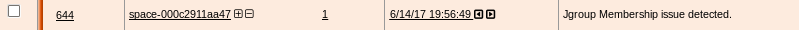 Log entry with ID 644 for space space-0002911aa47 shows Jgroup Membership issue detected on 6/14/17 at 19:56:49.