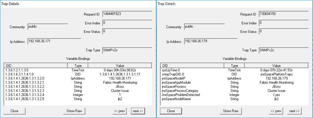 Two panels display SNMP trap details with unique Request IDs, community 'public,' IP addresses 192.168.26.171 and 192.168.26.179, SNMPv2c, and variable bindings for system uptime and cluster issues in JBoss.