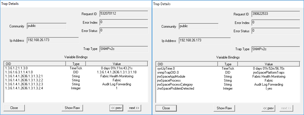 Two panels of SNMP Trap Details showing Request ID, Community as public, IP Address 192.168.26.173, Trap Type SNMPv2c, Error Index 0, Error Status 0, and Variable Bindings with OID, Type, and Value details. Navigation buttons for previous or next traps and raw data view options.