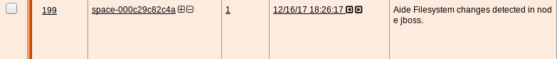 Log entry showing filesystem changes detected in node jboss by Aide with timestamp 12/16/17 18:26:17.