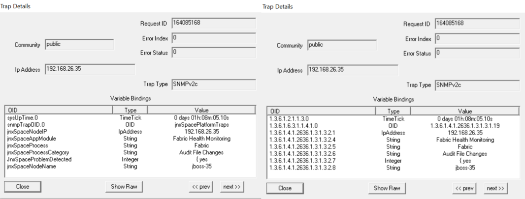 Two panels show SNMP trap details for IP 192.168.26.35 comparing human-readable names and numeric OIDs.