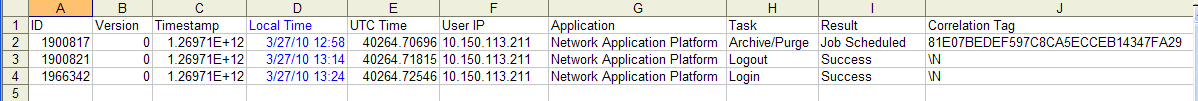 Log table showing columns: ID, Version, Timestamp, Local Time, UTC Time, User IP, Application, Task, Result, Correlation Tag.
