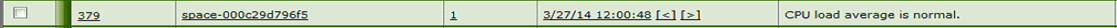 Table entry with checkbox, ID 379, label space-000c29d796f5, count 1, timestamp 3/27/14 12:00:48, navigation controls, status CPU load average is normal.