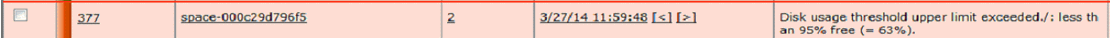 Row 377: Identifier space-000c29d796f5. Value 2. Timestamp 3/27/14 11:59:48. Message: Disk usage exceeded; 63 percent free.