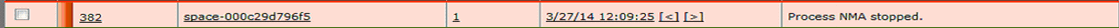 Row 382 entry shows identifier space:000c29d796f5, status 1, timestamp 3/27/14 12:09:25, message Process NMA stopped; red background.