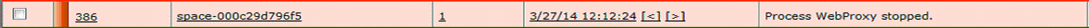 Log entry 386: Process space-000c29d796f5 stopped. Timestamp 3/27/14 12:12:24. Navigate with arrows.