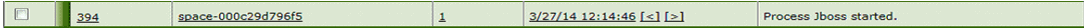 System log entry showing ID 394, resource ID space-000c29d79ef5, status 1, timestamp 3/27/14 12:14:46, and message Process Jboss started.