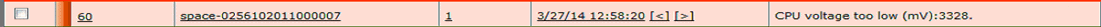 Log entry with row number 60 showing identifier space-025610201100007, count 1, timestamp 3/27/14 12:58:20, and message: CPU voltage too low mV 3328.