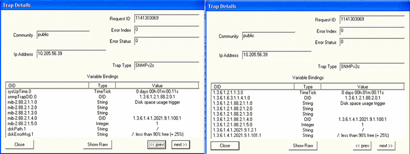 Trap Details window showing SNMP request 1141303069 from IP 10.205.56.39 with no errors. Community is public and trap type is SNMPv2c.