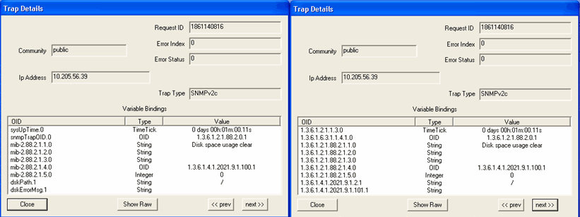 Two Trap Details windows show SNMP trap info with Request ID 1861140816, IP 10.205.56.39, Trap Type SNMPv2c, and OIDs.