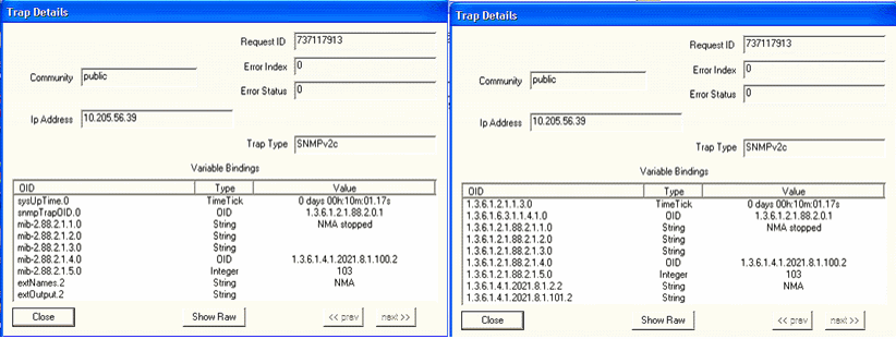 Two Trap Details windows from a network app display SNMP trap info: Request ID 737117913, Community public, IP 10.205.56.39, and Trap Type SNMPv2c.