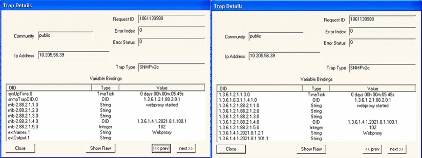 Trap Details window from SNMP monitoring tool showing request ID, community string, error status, IP address, trap type, OIDs, and variable bindings.