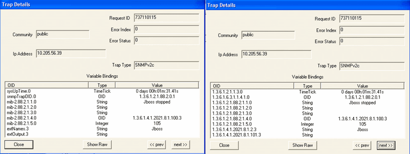 Network management system showing two Trap Details windows with SNMPv2c protocol. Key info: Request ID 737110115, Community public, IP 10.205.56.39, status message Jboss stopped.