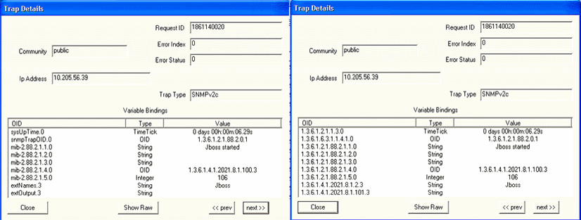 Trap Details for SNMP traps displaying Request ID 1861140020, Community public, IP Address 10.205.56.39, Trap Type SNMPv2c, with Variable Bindings showing OIDs, data types, and values like Jboss started.