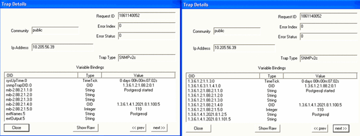Trap Details windows showing SNMP trap info with Request ID 1861140052, Community public, IP 10.205.56.39, Trap Type SNMPv2c.