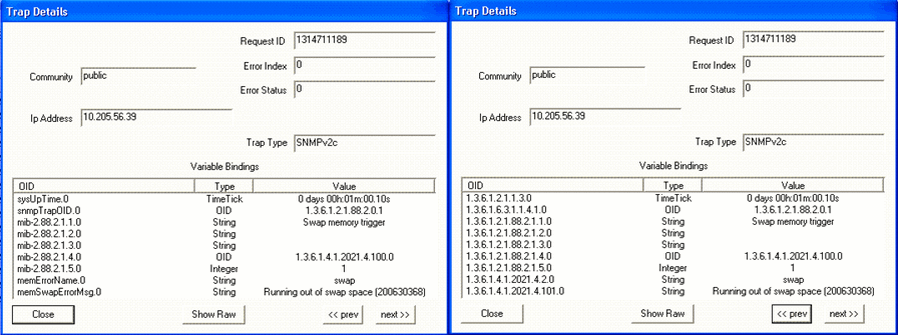 SNMP trap details showing Request ID 1314711189, community public, no errors, IP 10.205.56.39, SNMPv2c, indicating a swap memory trigger event.