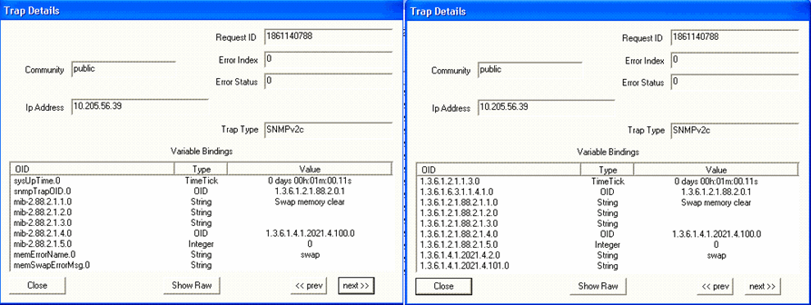 Two panels of a software interface labeled Trap Details for SNMP traps. Key elements: Request ID, Community set to public, Error Index and Status at 0, IP Address 10.205.56.39, Trap Type SNMPv2c. Variable Bindings table with OIDs and values; left panel shows Swap memory clear, right panel shows different OID structure. Used for network monitoring.
