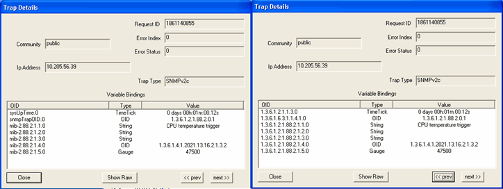 Two screenshots of SNMP Trap Details interface showing SNMPv2c trap with Request ID 1861140855, community public, no errors, source IP 10.205.56.39, trap type SNMPv2c. Variable bindings include sysUpTime.0 showing 0 days, 0 hours, 0 minutes, 12 seconds, CPU temperature trigger string, and Gauge value 47500. Buttons for navigation and raw data display.