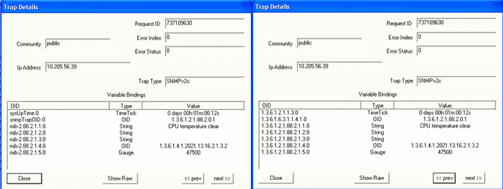 Trap Details window showing SNMP traps with fields: Request ID 737109630, Community public, Error Index 0, Error Status 0, IP Address 10.205.56.39, and Trap Type SNMPv2c. Variable Bindings include sysUpTime.0 and CPU temperature clear. Navigation buttons: prev, next, and Show Raw.