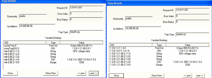 Trap Details window from a network tool showing SNMP request ID, community 'public', no errors, IP 10.205.56.39, SNMPv2c, and variable bindings with OIDs.