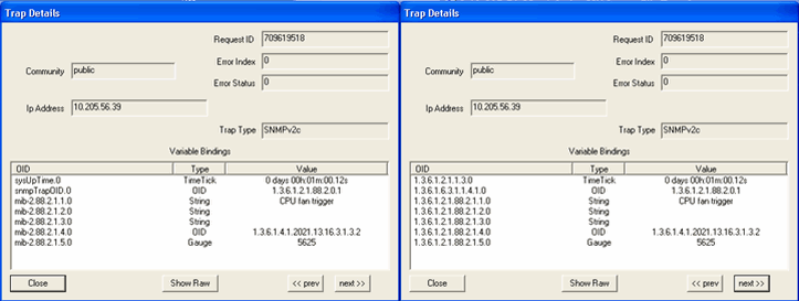 Screenshots of Trap Details window in SNMP tool showing: Community set to public, Request ID 709615918, Error Index 0, Error Status 0, IP Address 10.205.56.39, Trap Type SNMPv2c, and Variable Bindings with OIDs and values.
