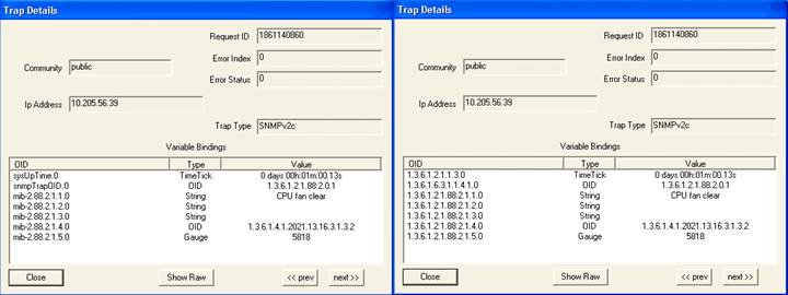 Screenshots of SNMP Trap Details window with Request ID, Community as public, IP 10.205.56.39, using SNMPv2c. Left: variable bindings for CPU fan clear. Right: similar data with varied OIDs and values.