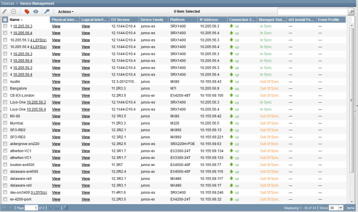 Device Management interface showing network devices with details: Name, Physical and Logical Interface, OS Version, Device Family, Platform, IP Address, Connection Status, Managed Status.