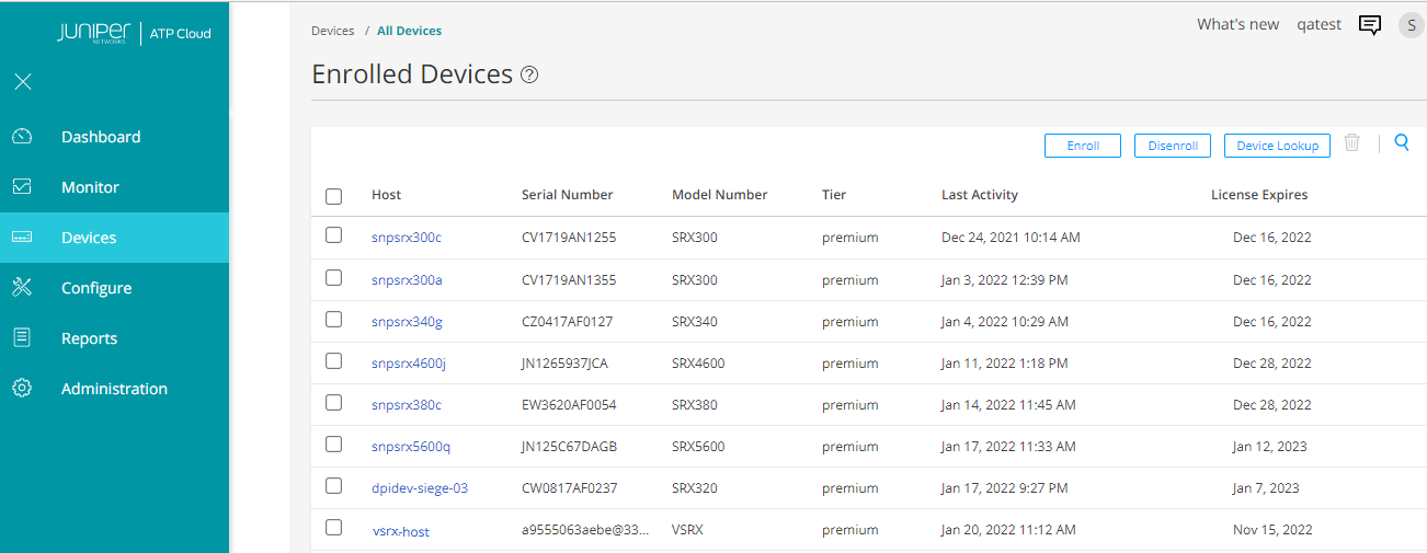 Juniper Networks ATP Cloud interface showing Enrolled Devices section with host names, serial and model numbers, tier, last activity, and license expiry dates. Navigation menu on left, user settings and notifications on top right.