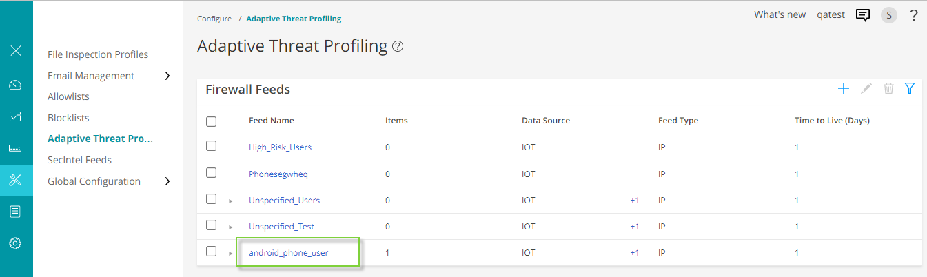 Adaptive Threat Profiling configuration interface showing Firewall Feeds. Feed android_phone_user with 1 item highlighted in green.