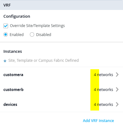 Customized VRFs with transport and overlay VLANs