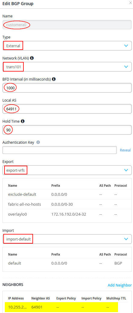 Example BGP Peering Entry