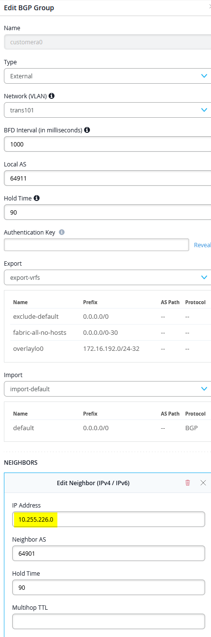 Core2 Switch BGP Neighbor Configuration