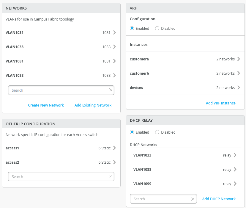 Fabric Networks configuration Page