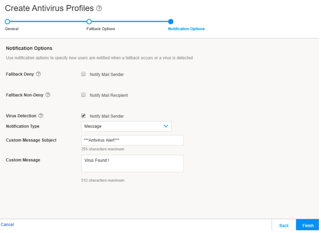 Create Antivirus Profile Notification Settings