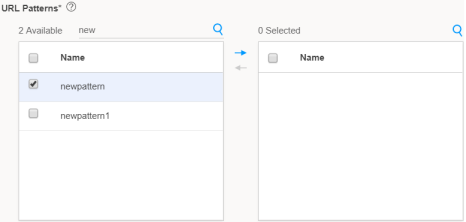 User interface for selecting URL patterns. Left panel lists available patterns with newpattern checked. Right panel empty. Arrows between panels indicate item transfer.