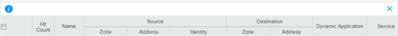 Screenshot of a network management tool table with columns: Hit Count, Name, Source, Destination, Dynamic Application, and Service. The table is empty.